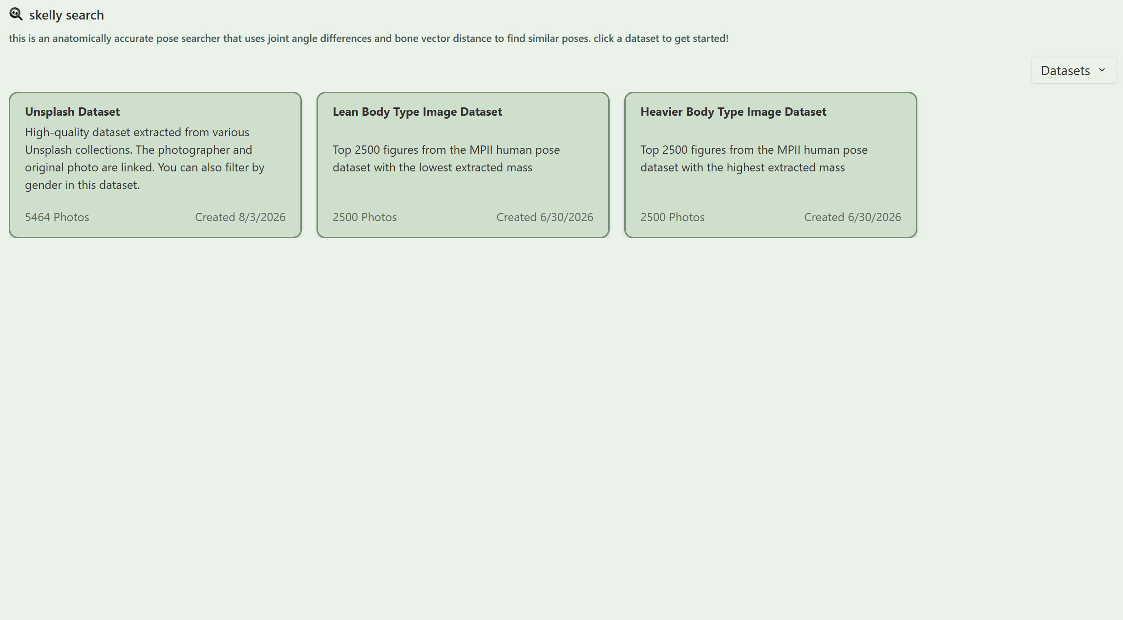 Website's landing page. It contains the site's purpose and descriptions of the datasets